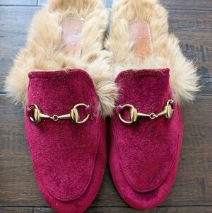 Gucci Burgundy Velvet Fur-Lined Horsebit Mules